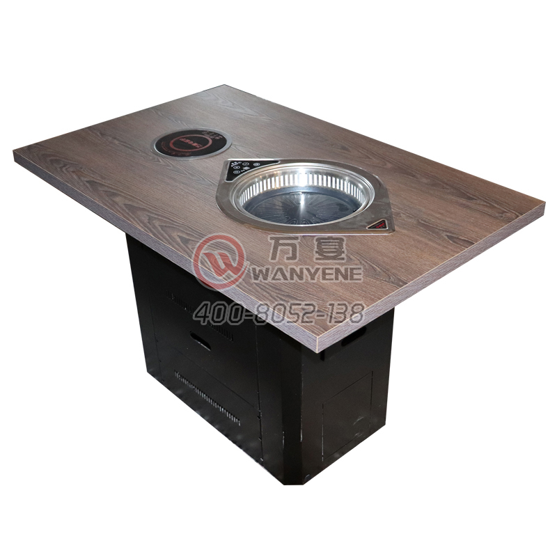 夹板实木烤涮一体炉火锅桌 黑色方桶脚电磁炉火锅餐桌